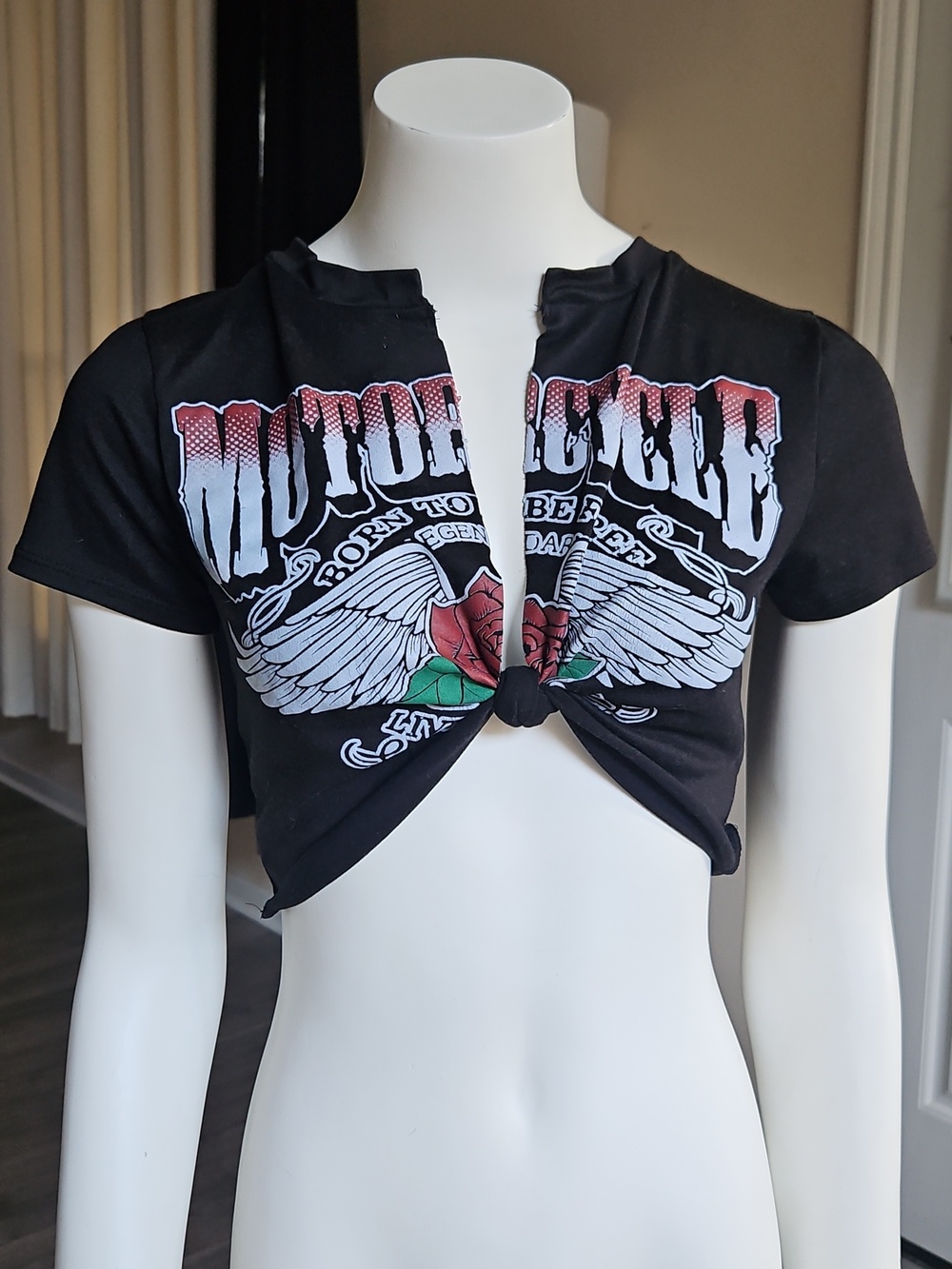 3/$5 Motorcycle Cropped Tie Front Shortsleeve Graphic T Shirt Size Small - Black